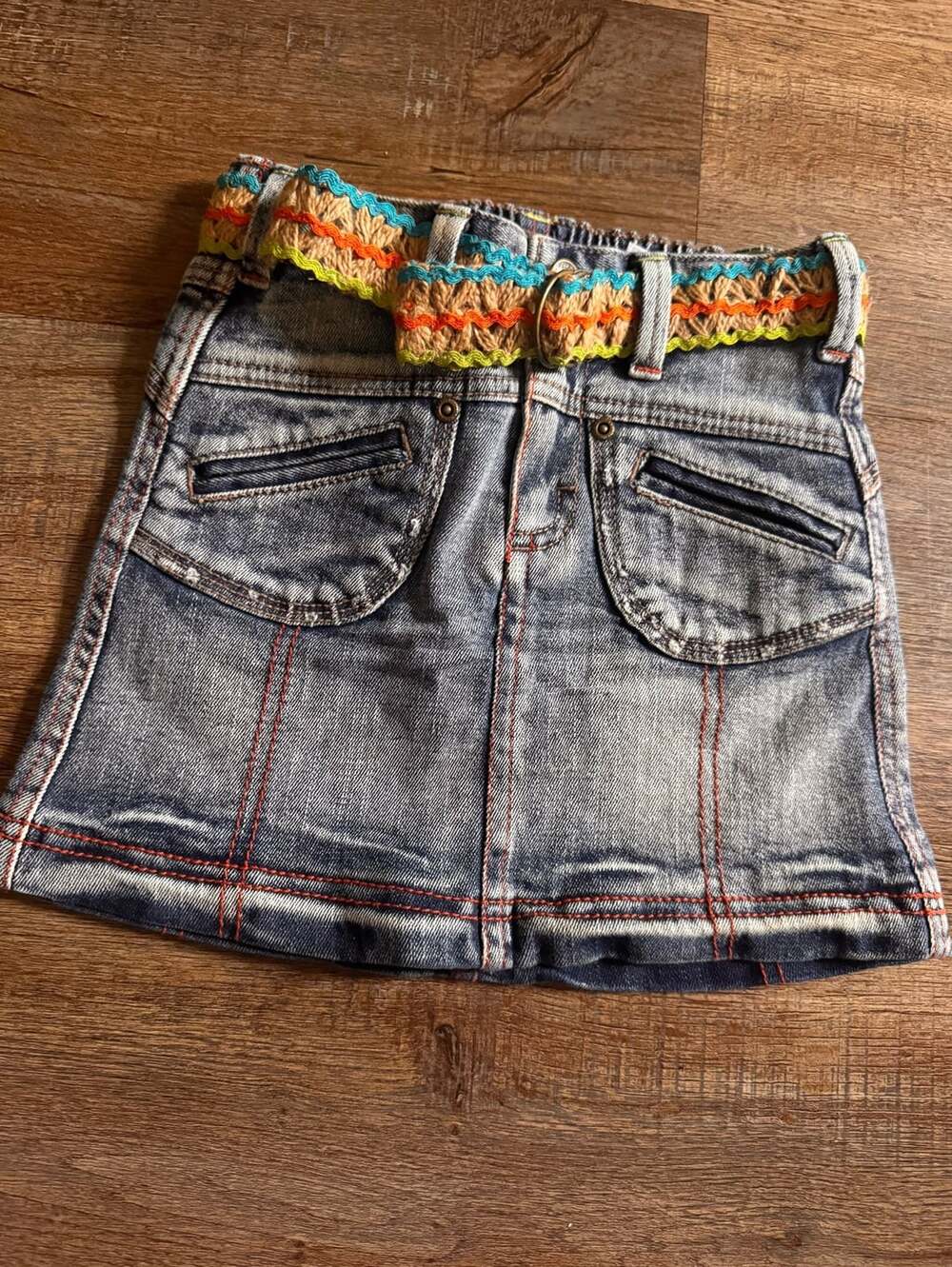 Mary-Kate and Ashley Girls Denim Mini Skirt Size 6 Blue Ric Rac Belt Y2K Boho